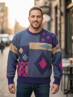 Vintage 90s Geometric Patchwork Knit Sweater Abstract Colorblock Grandpa Core L